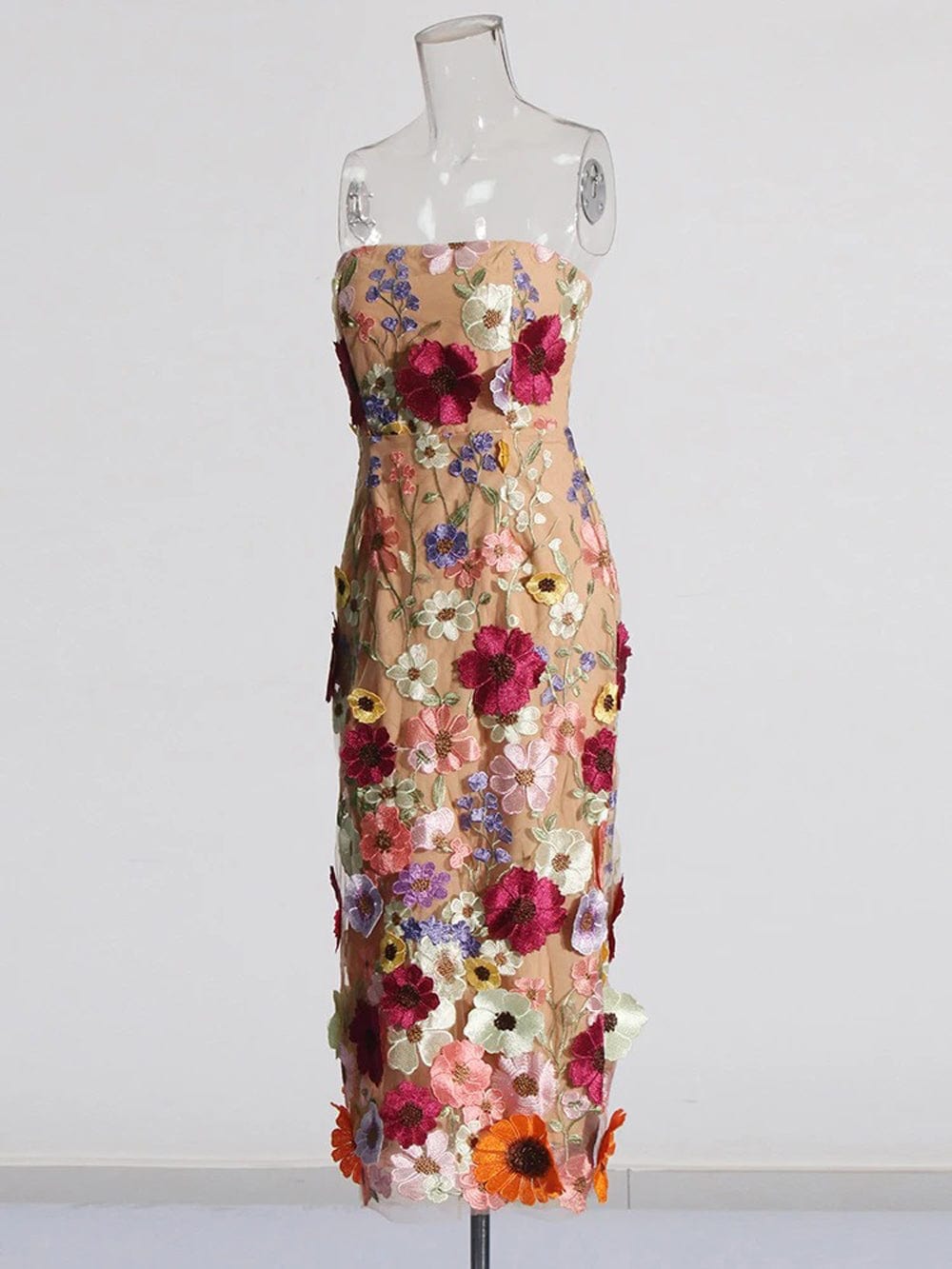 Strapless 3D Floral Applique Embroidered Mesh Overlay Midi Dress - View 9