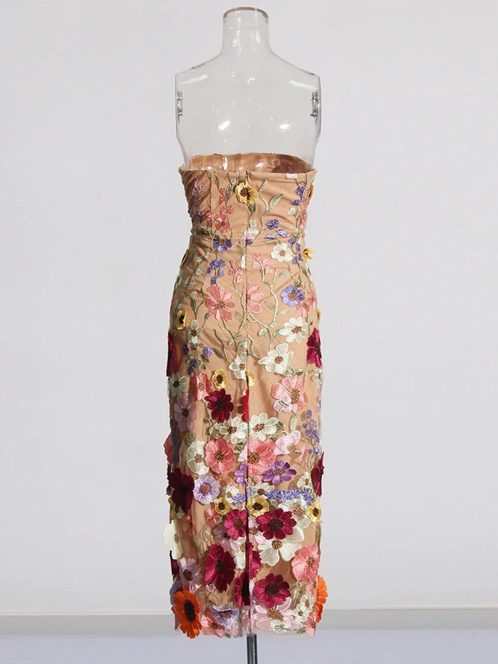 Strapless 3D Floral Applique Embroidered Mesh Overlay Midi Dress - View 8