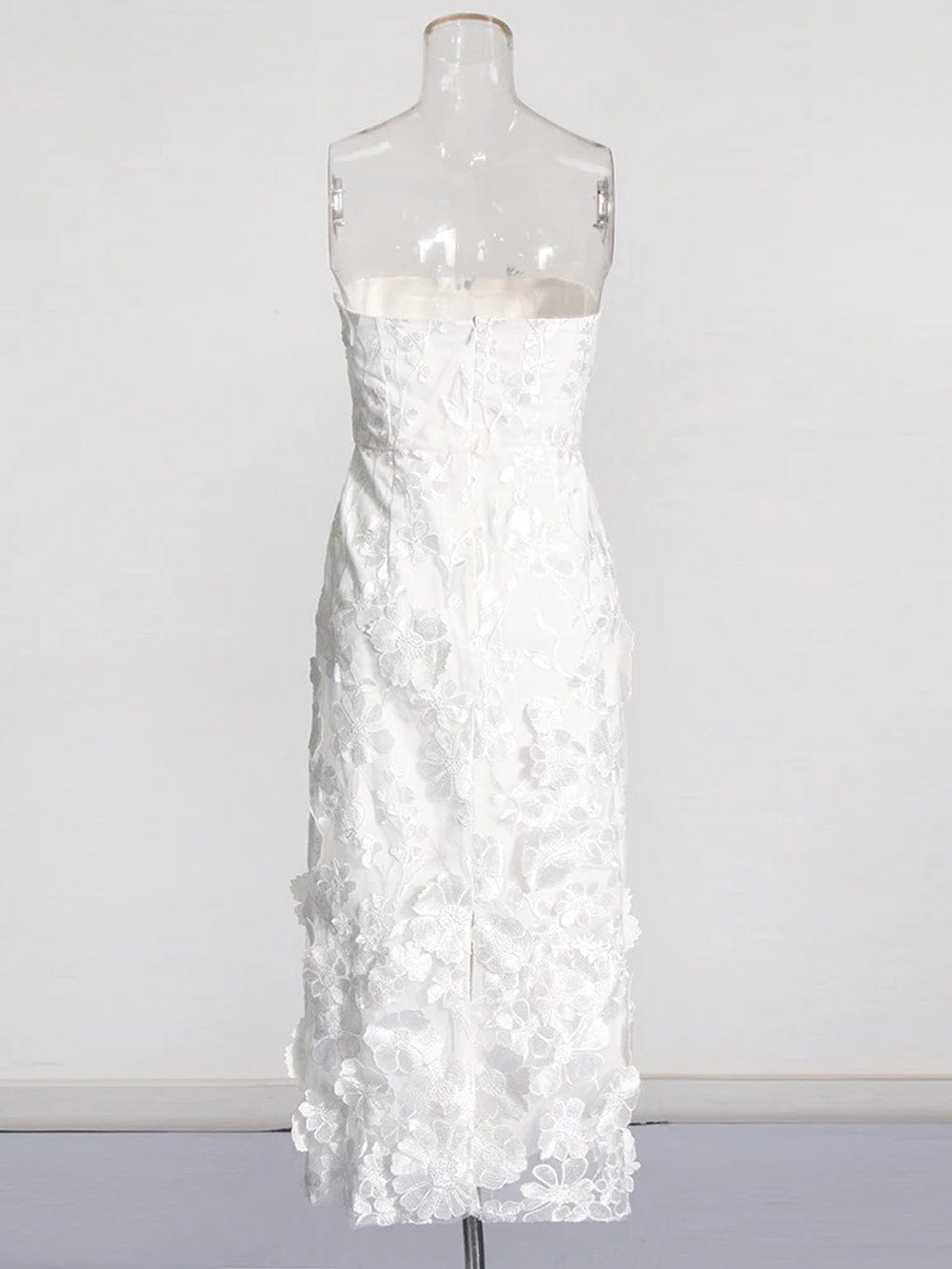 Strapless 3D Floral Applique Embroidered Mesh Overlay Midi Dress - View 5