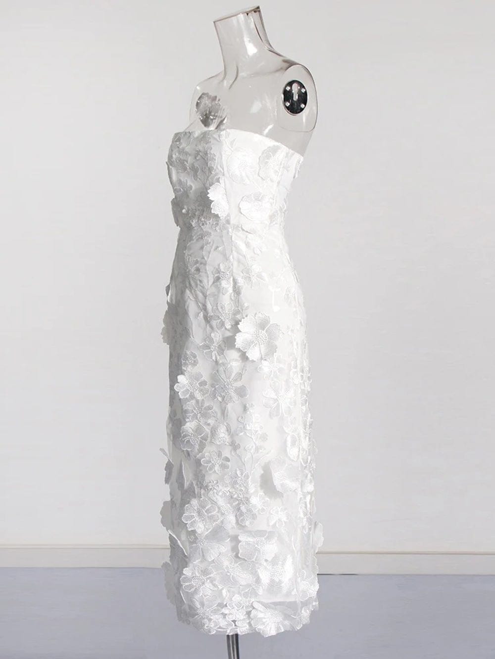 Strapless 3D Floral Applique Embroidered Mesh Overlay Midi Dress - View 6