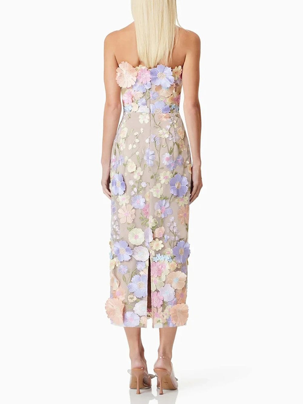 Strapless 3D Floral Applique Embroidered Mesh Overlay Midi Dress - View 2