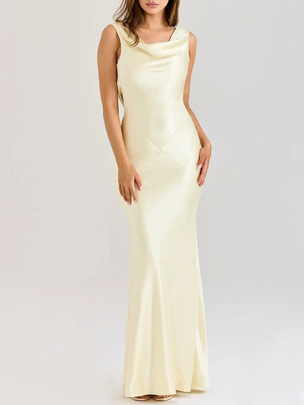 Satin Cowl Neck Backless Bias Cut Slip Maxi Dress
