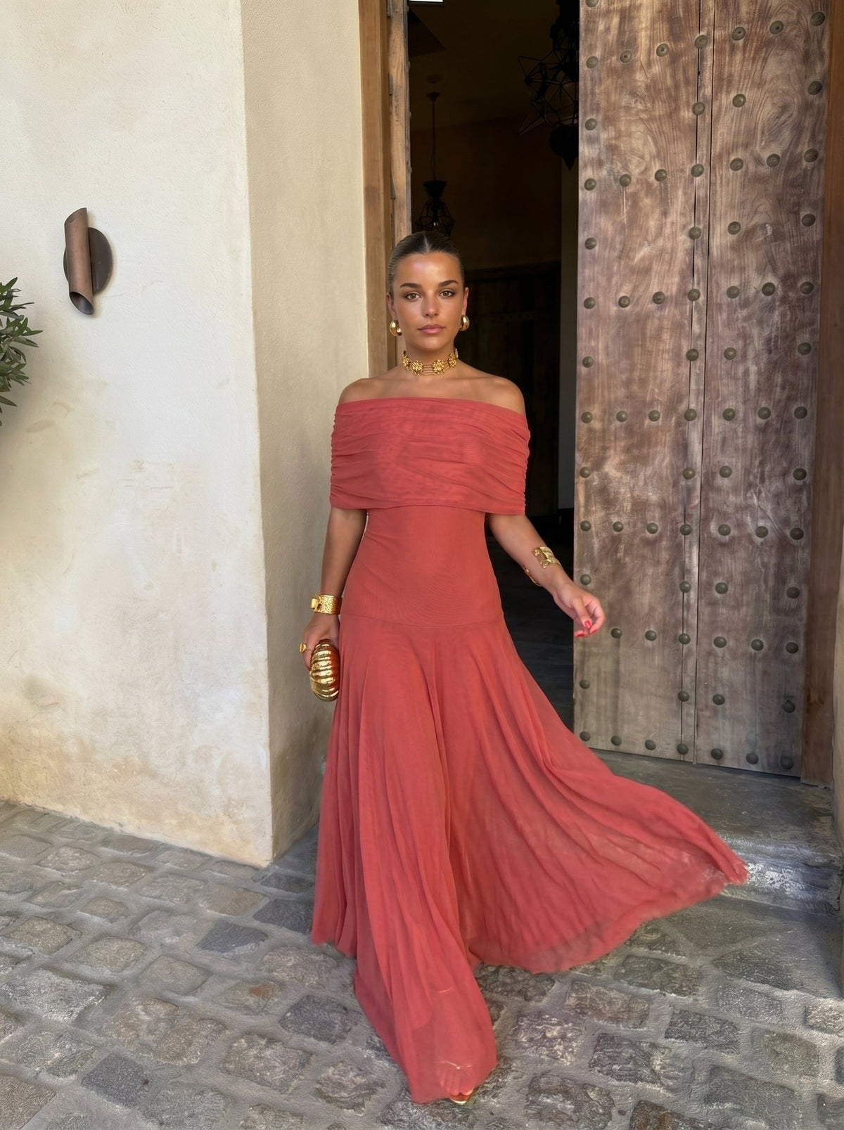 Off Shoulder Ruched Draped Fit and Flare Maxi Dress 2