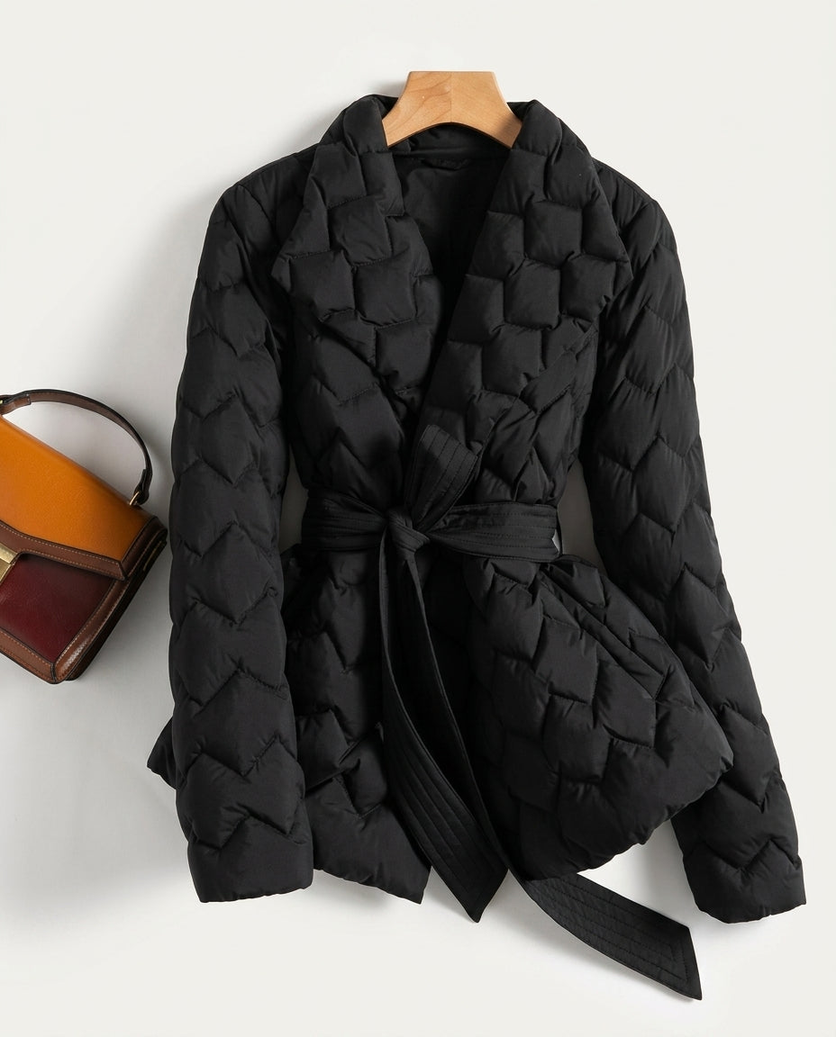 Quilted Belted Shawl Collar Wrap Jacket 2