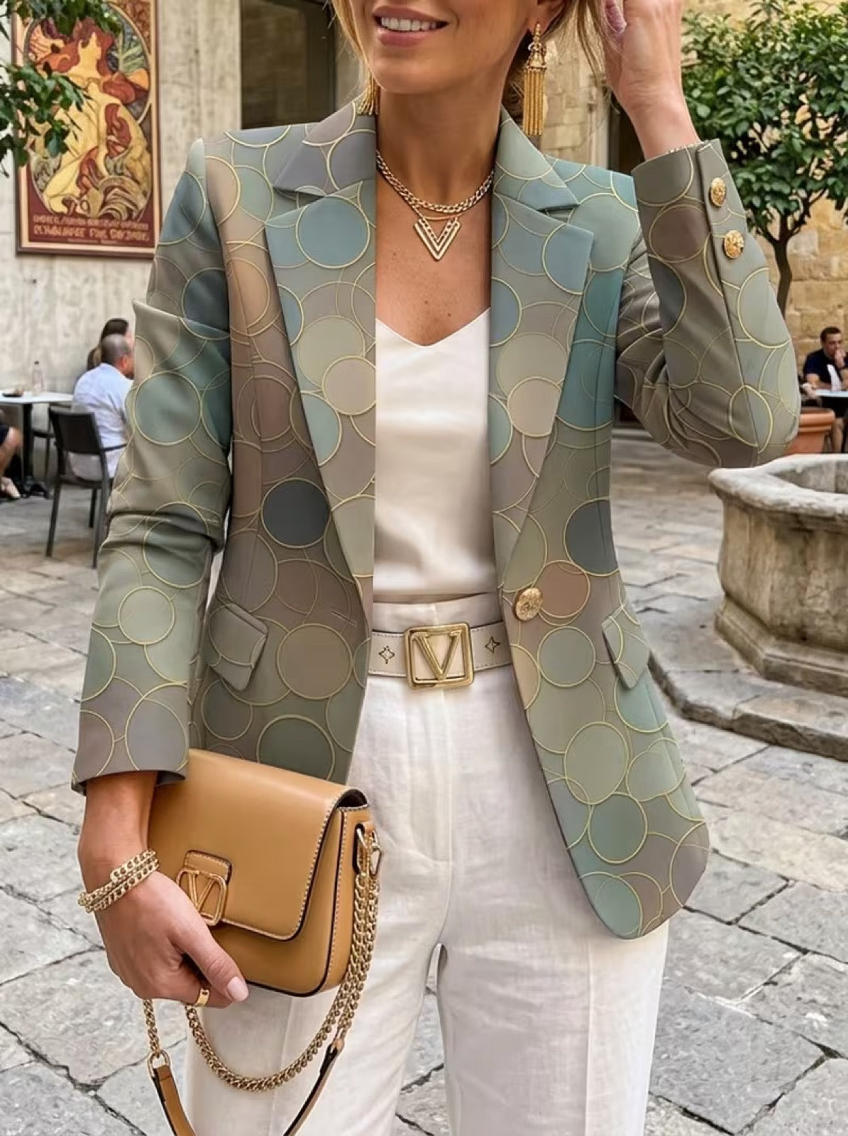 Dot Print Notch Lapel Single Button Cropped Blazer 3