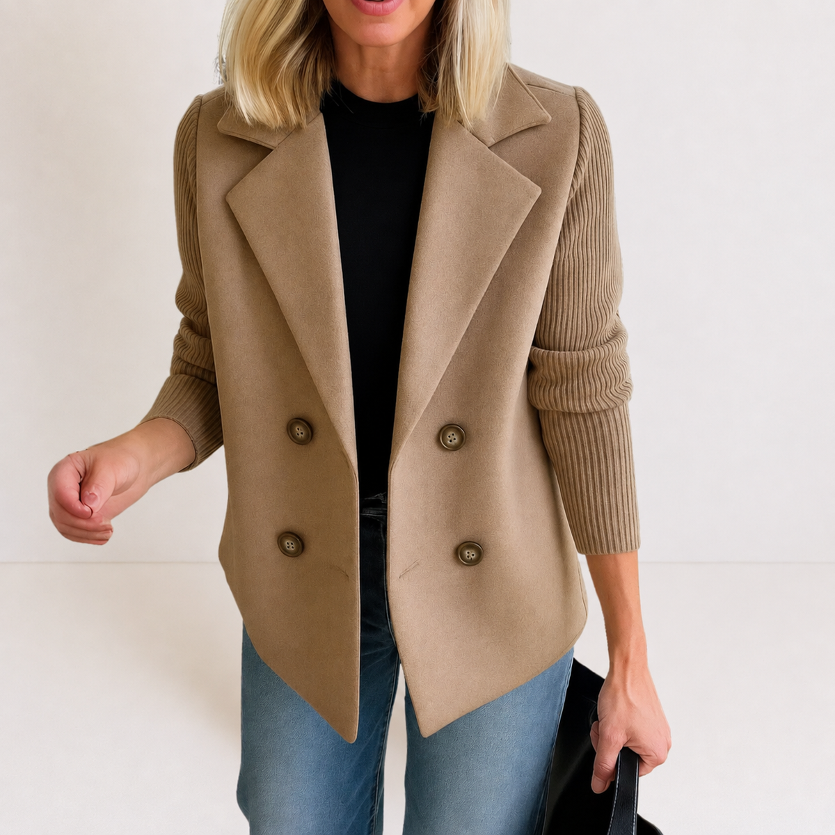 Double Breasted Knit Sleeve Notch Lapel Blazer 3