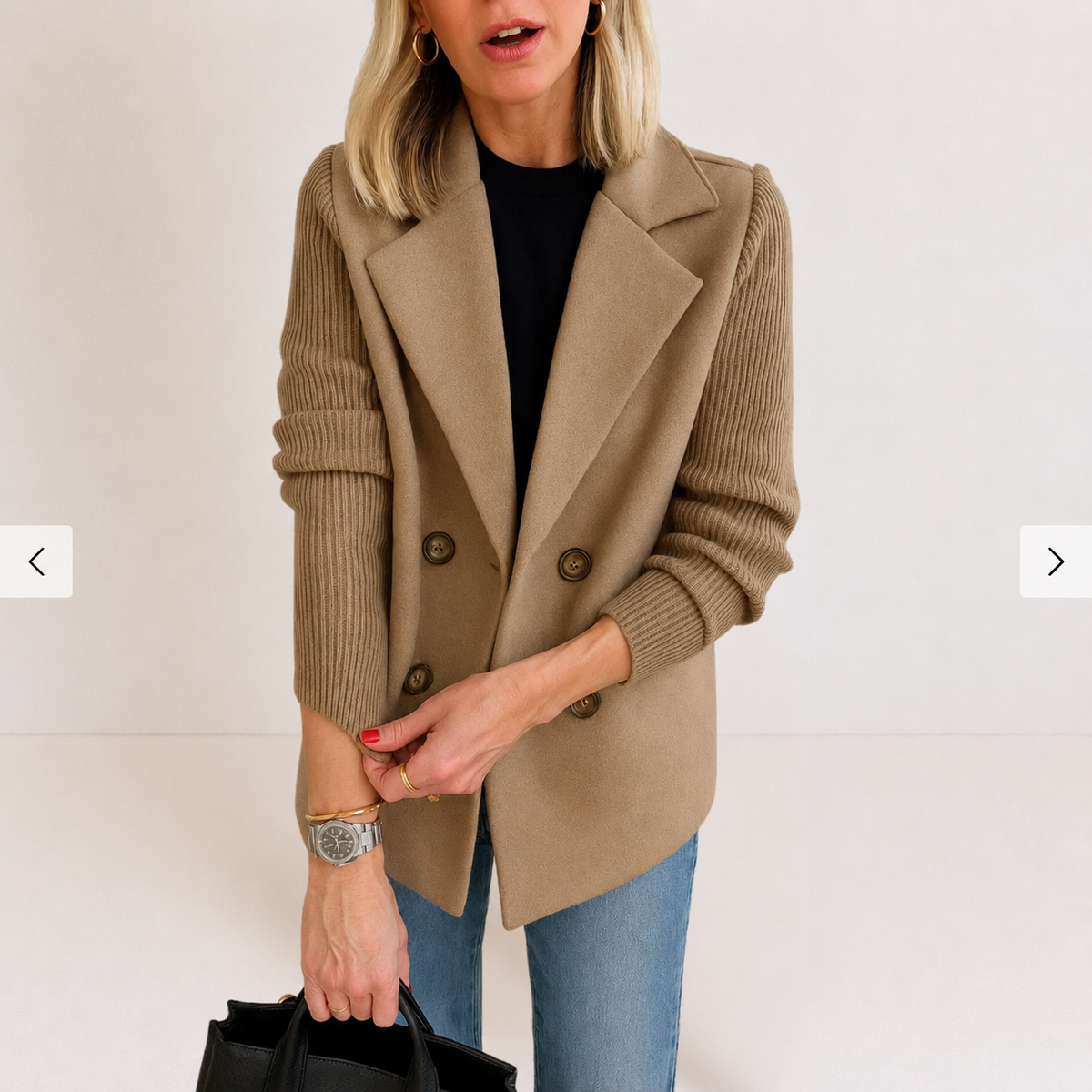 Double Breasted Knit Sleeve Notch Lapel Blazer 5