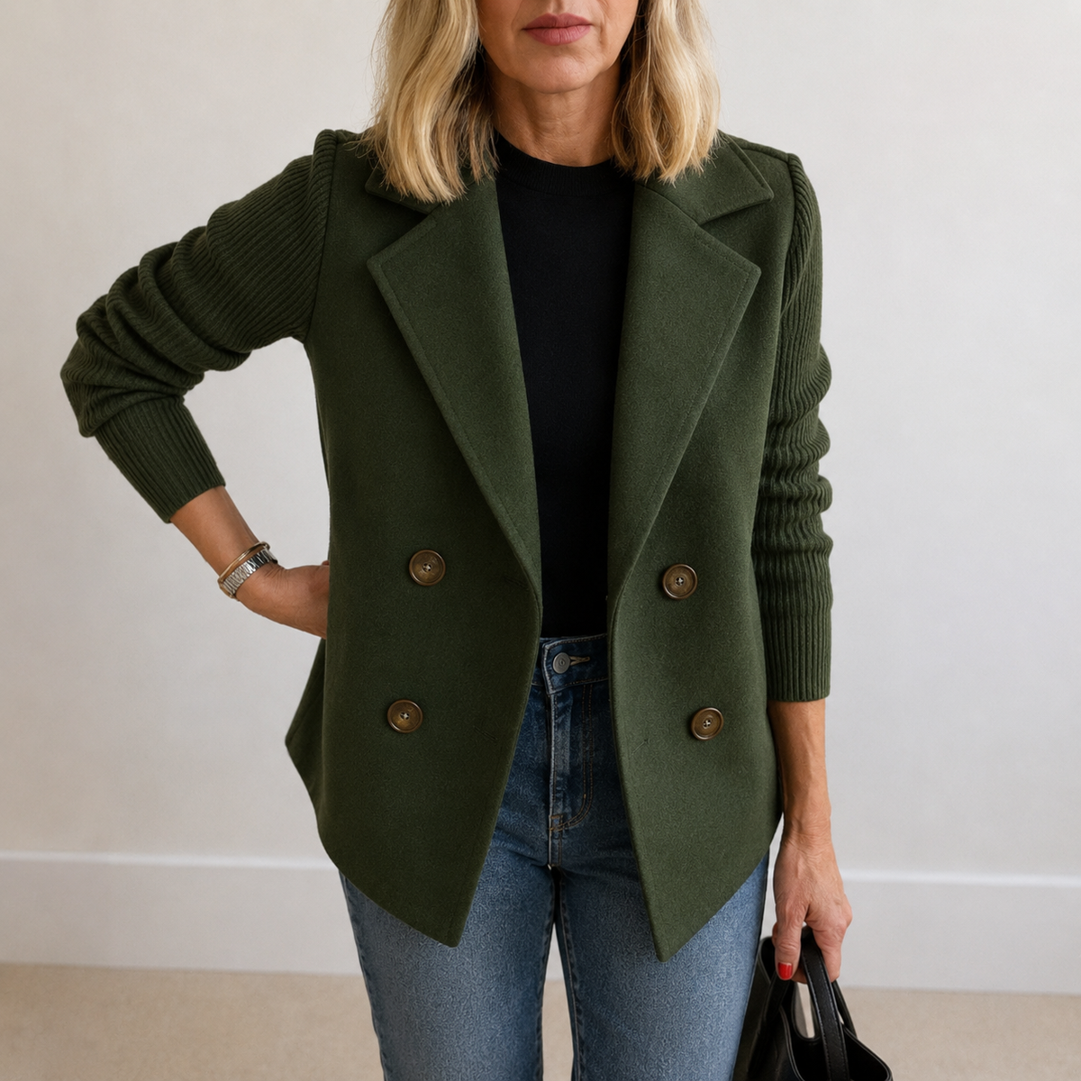 Double Breasted Knit Sleeve Notch Lapel Blazer 9