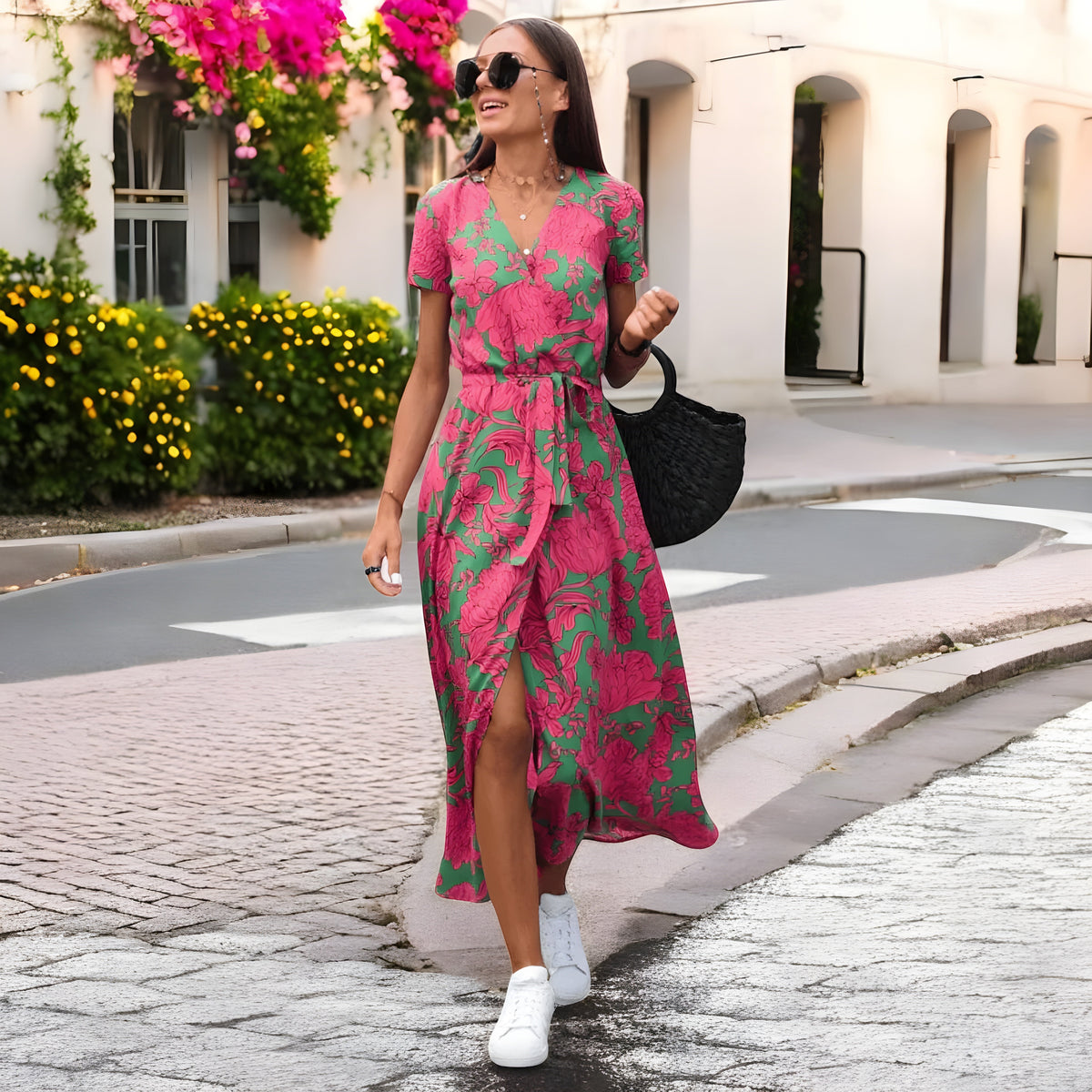Floral Print V-Neck Short Sleeve Belted Wrap Midi Dress