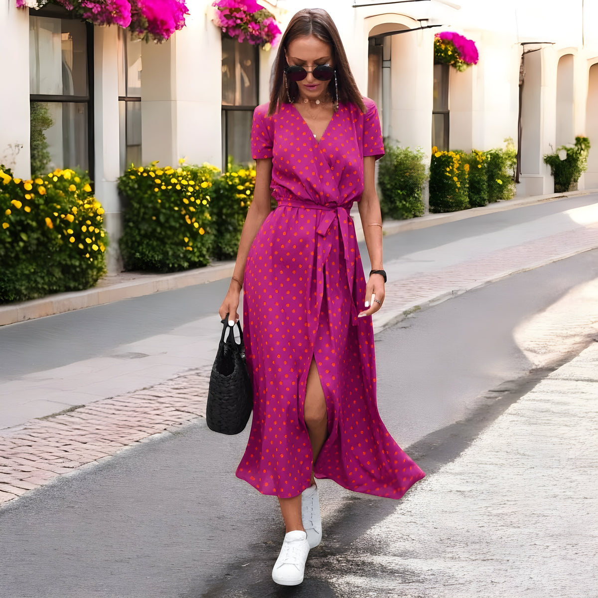 Floral Print V-Neck Short Sleeve Belted Wrap Midi Dress 4