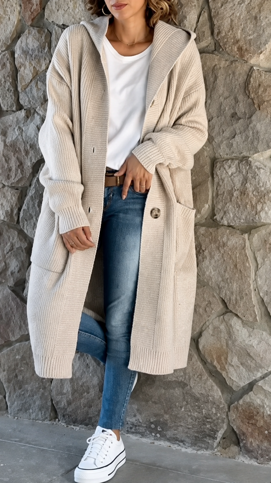 Hooded Longline Open Front Pocket Cardigan