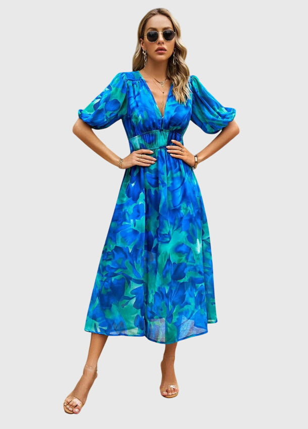 Floral Print Deep V-Neck Puff Sleeve High Waist Maxi Dress 6