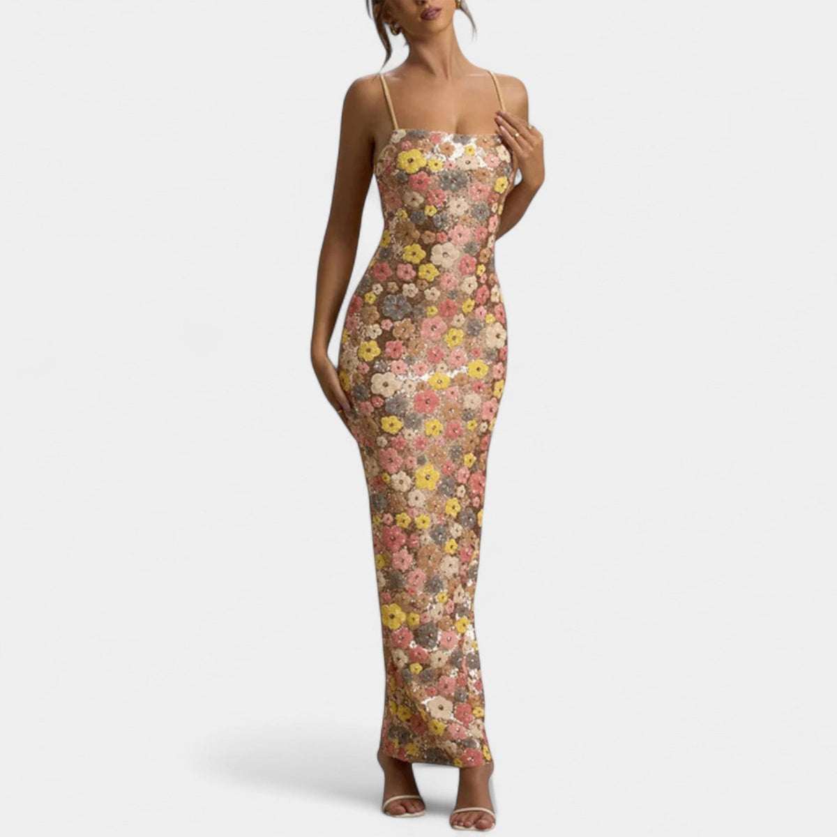 Floral Sequin Square Neck Spaghetti Strap Bodycon Maxi Dress