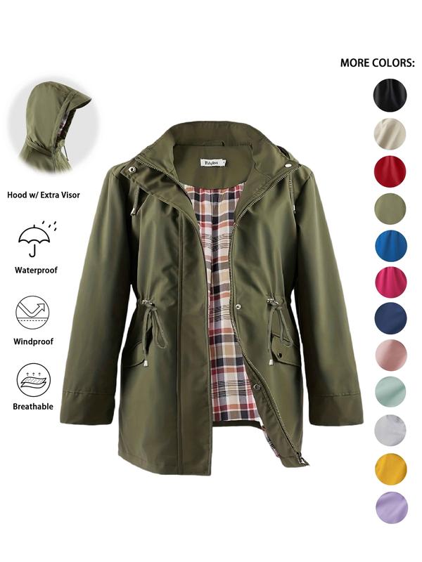 Hooded Zip Front Drawstring Waist Rain Jacket 2