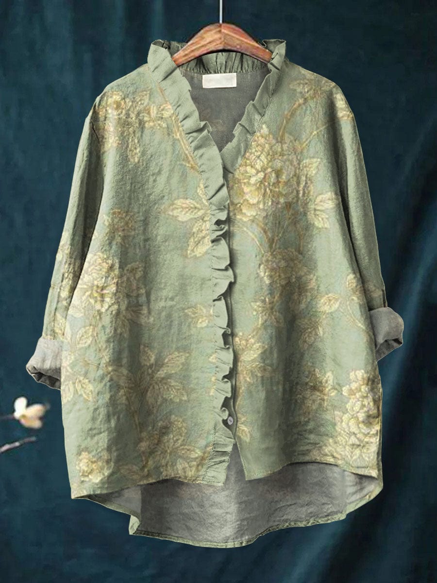 Floral Print V-Neck Long Sleeve Ruffle Blouse 2