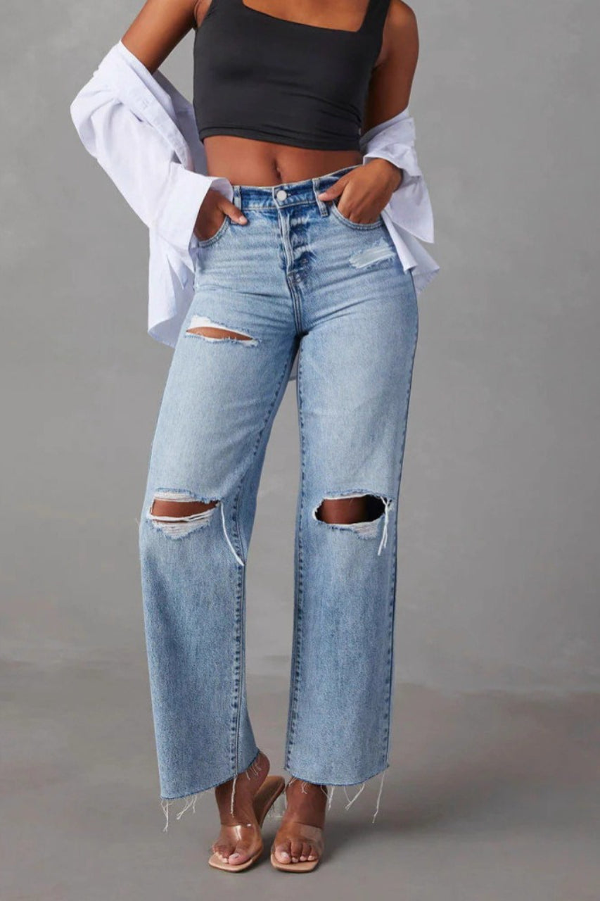 Vintage Washed Distressed Straight-Leg Denim Jeans