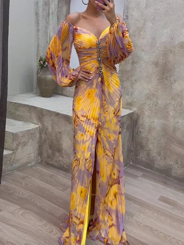 Floral Off Shoulder Long Sleeve Pleated Embellished Maxi Gown 3