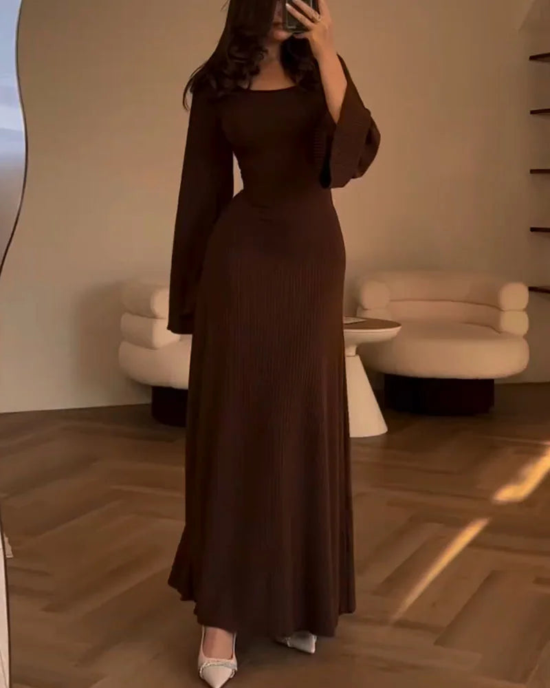 Rib Knit Square Neck Long Sleeve Bell Cuff Bodycon Maxi Dress - View 7