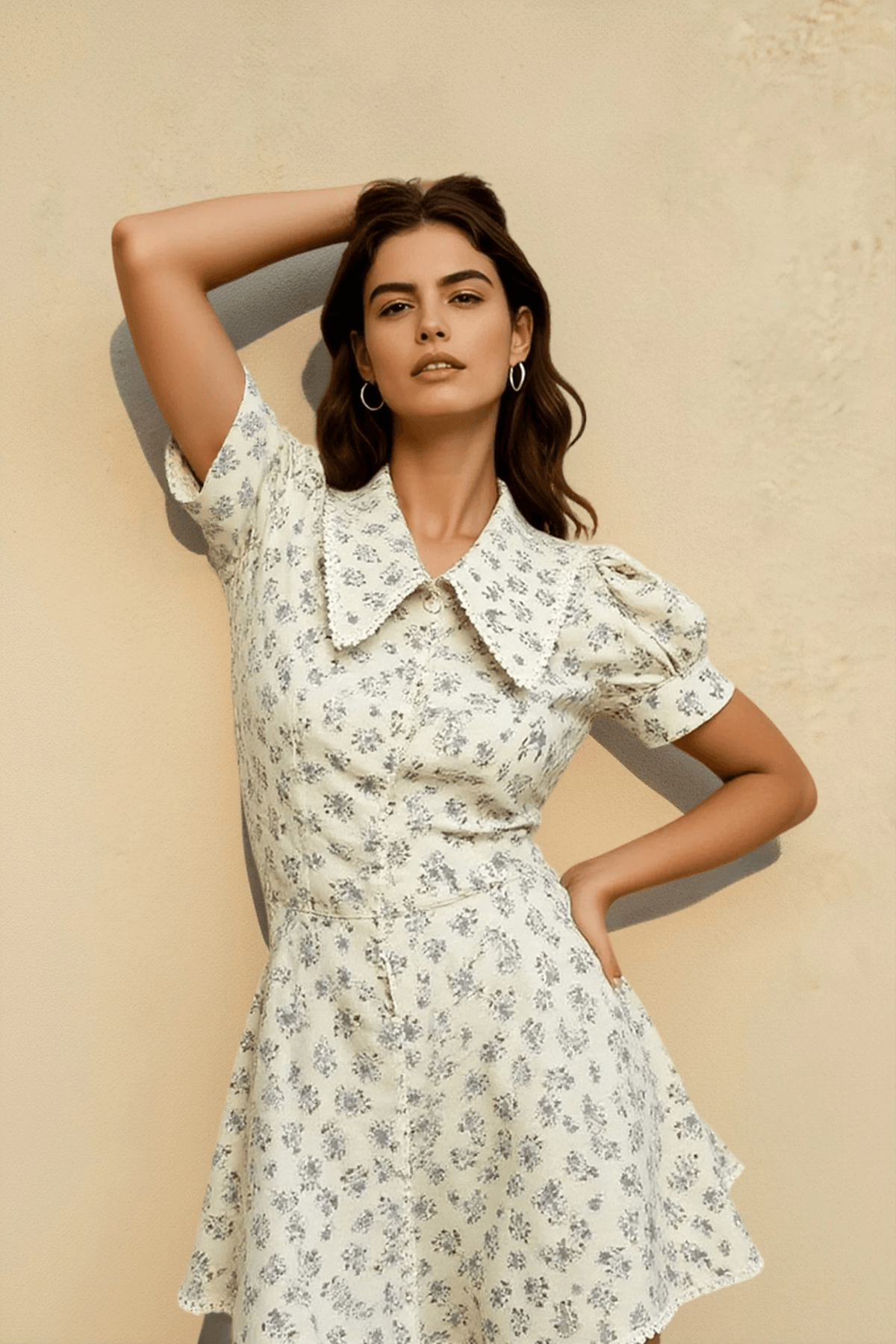 Floral Oversized Collar Puff Sleeve Button Front Flare Mini Dress