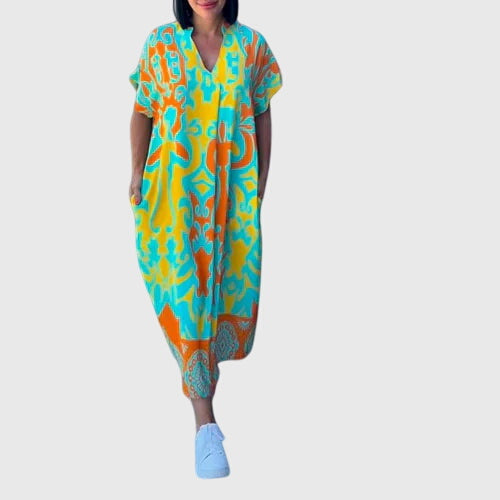 Damask Print V-Neck Short Sleeve Loose Midi Dress 2