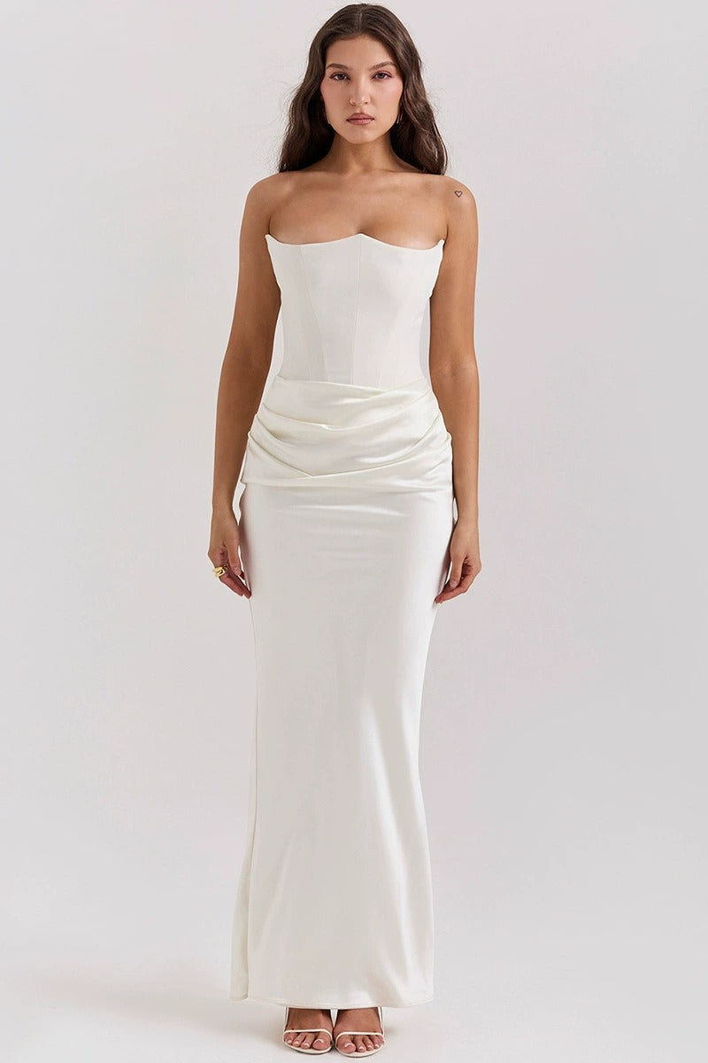 Strapless Sweetheart Corset Gathered Waist Satin Column Maxi Gown - View 6