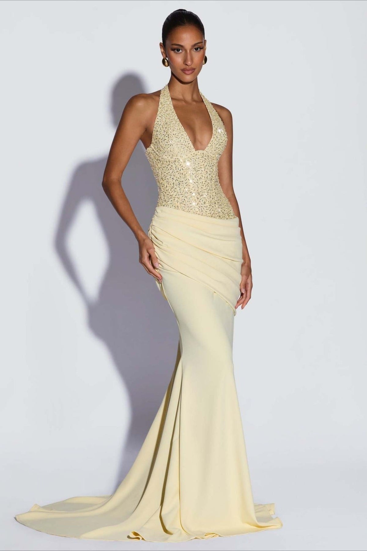 Sequin Halter Deep V-Neck Ruched Mermaid Gown - View 3