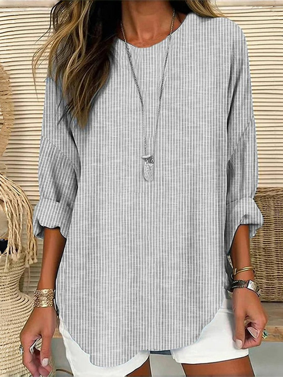 Striped Round Neck Long Sleeve High Low Blouse