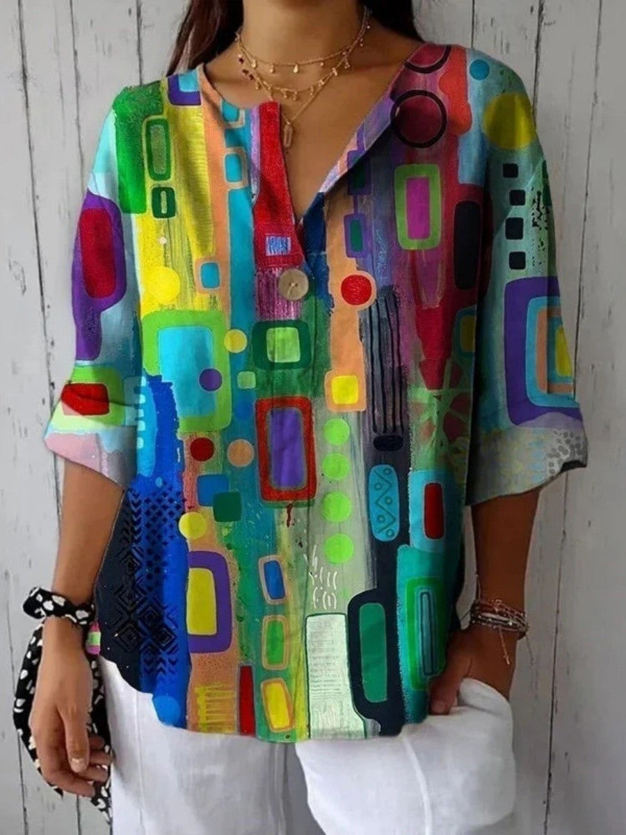 Abstract Geometric Print V-Neck Long Sleeve Blouse