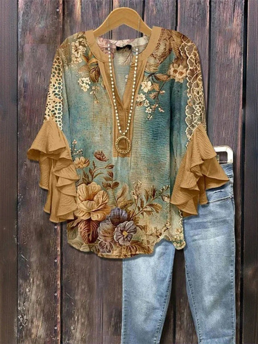 Floral Print Lace Trim Ruffle Sleeve V-Neck Blouse
