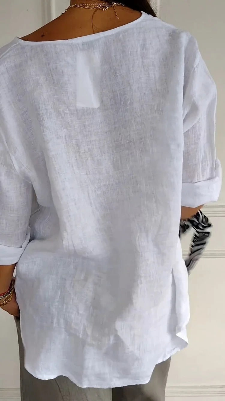 V-Neck Single Button Roll Sleeve Linen Blouse 2