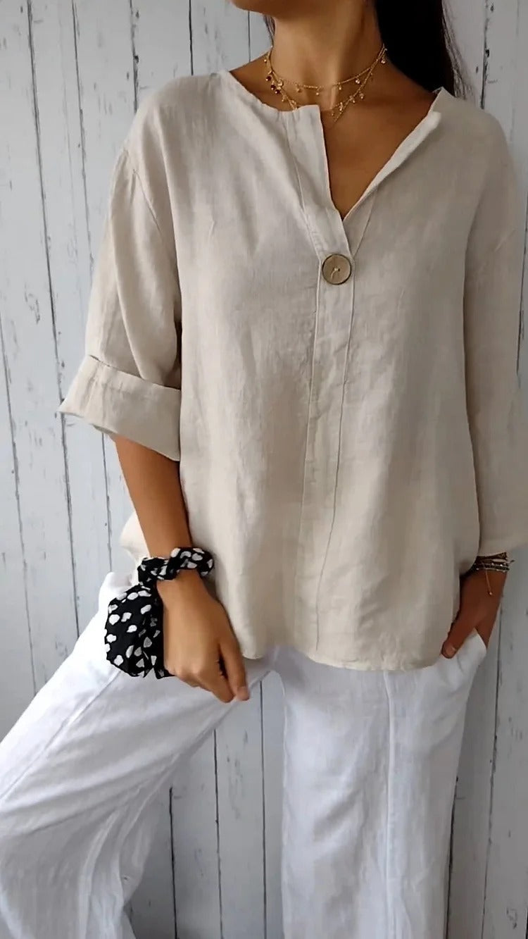 V-Neck Single Button Roll Sleeve Linen Blouse 3