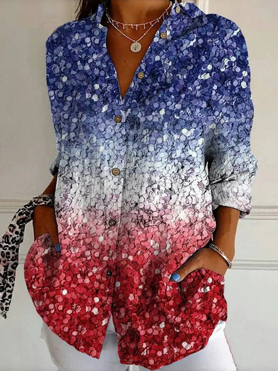 Gradient Sequin Print Button Front Long Sleeve Shirt