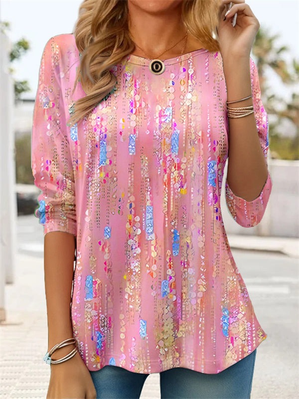 Abstract Floral Print Round Neck Long Sleeve Tunic Top 3
