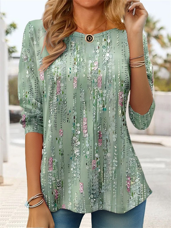 Abstract Floral Print Round Neck Long Sleeve Tunic Top