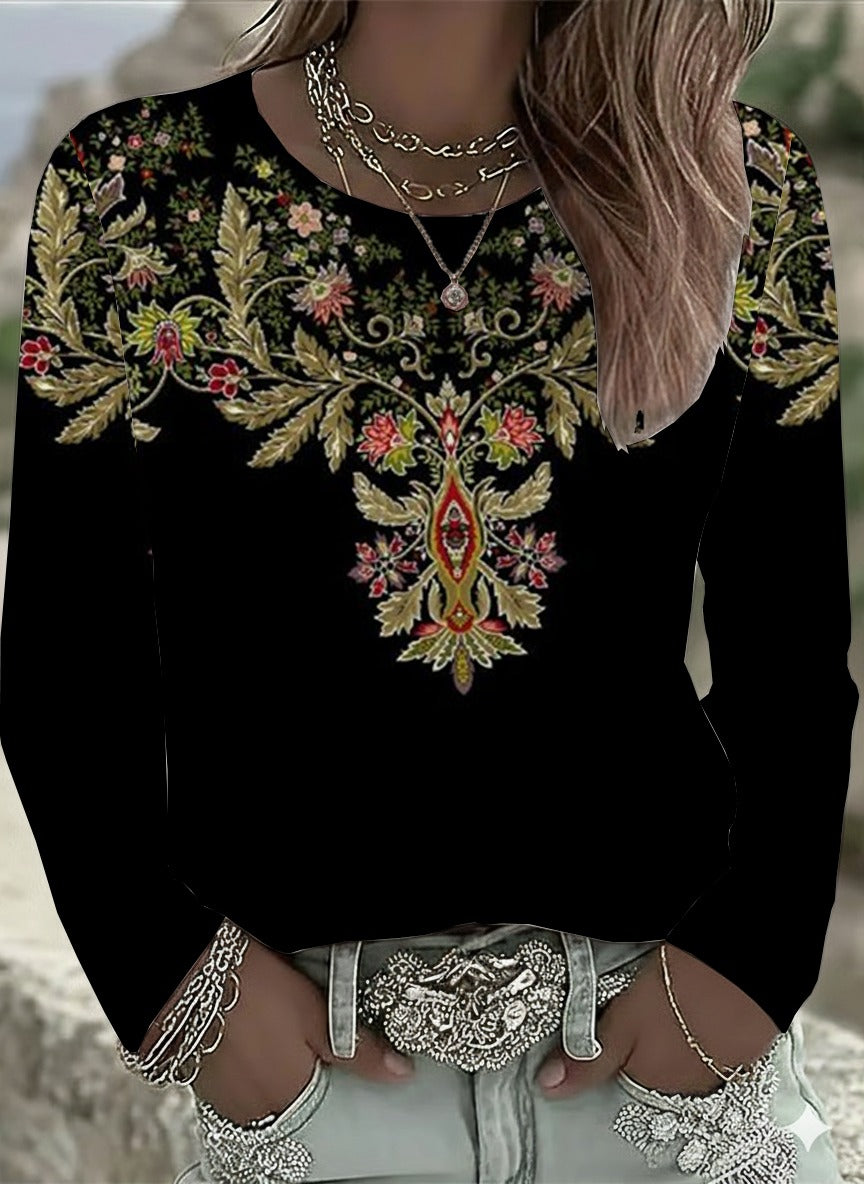 Ethnic Floral Border Print Crew Neck Long Sleeve Top