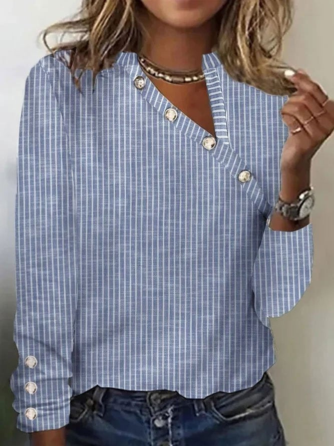 Striped Asymmetrical Button Neck Long Sleeve Blouse