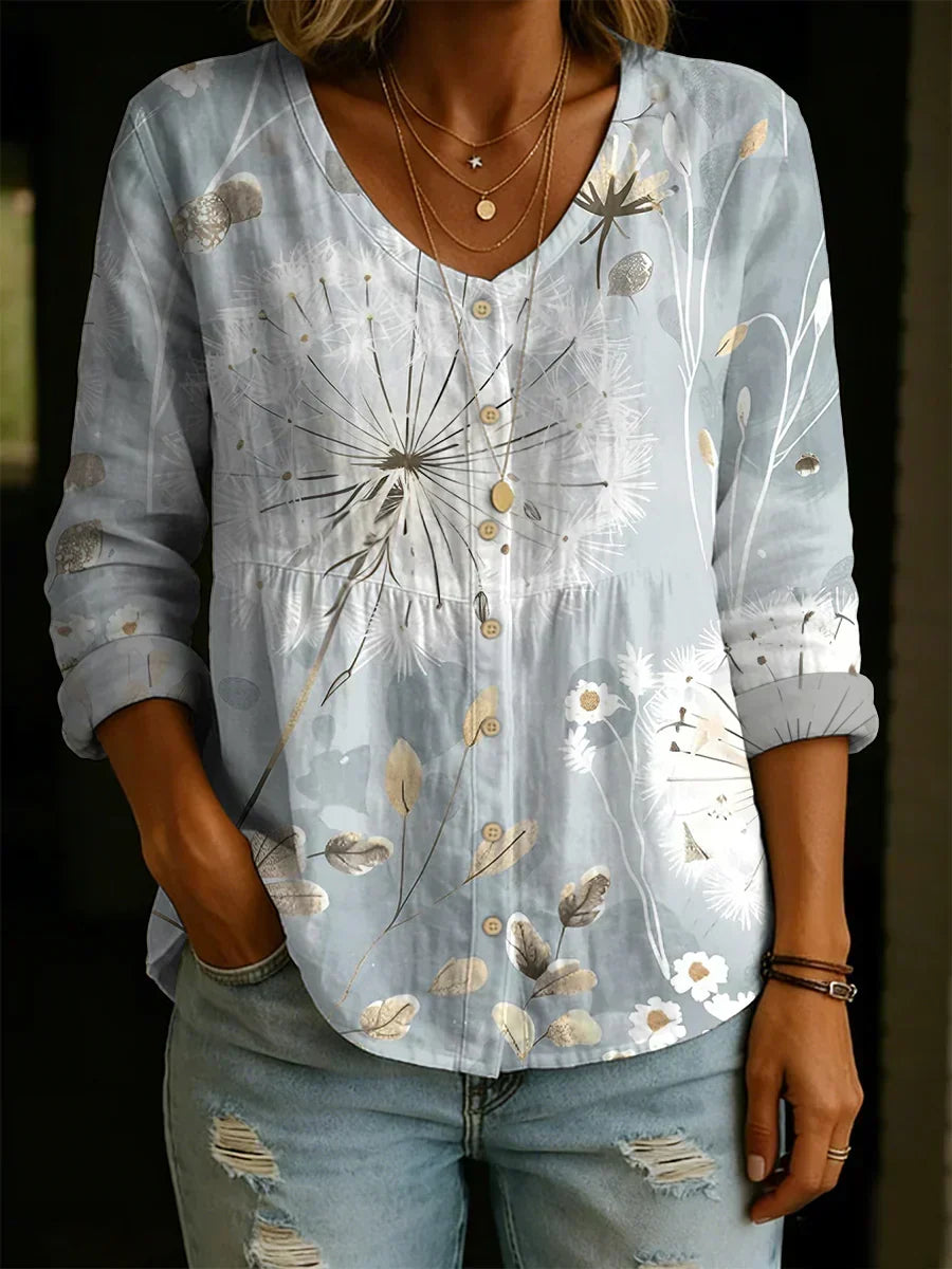 Dandelion Print V-Neck Long Sleeve Button Henley Blouse
