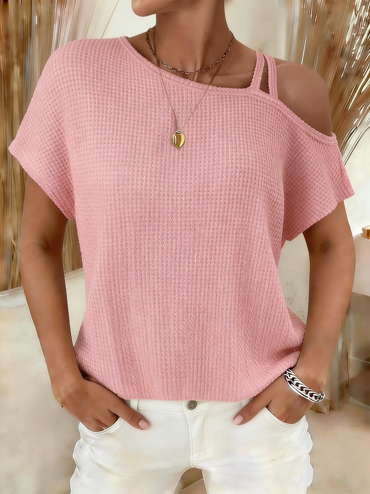 One Shoulder Waffle Knit Short Sleeve Top 3