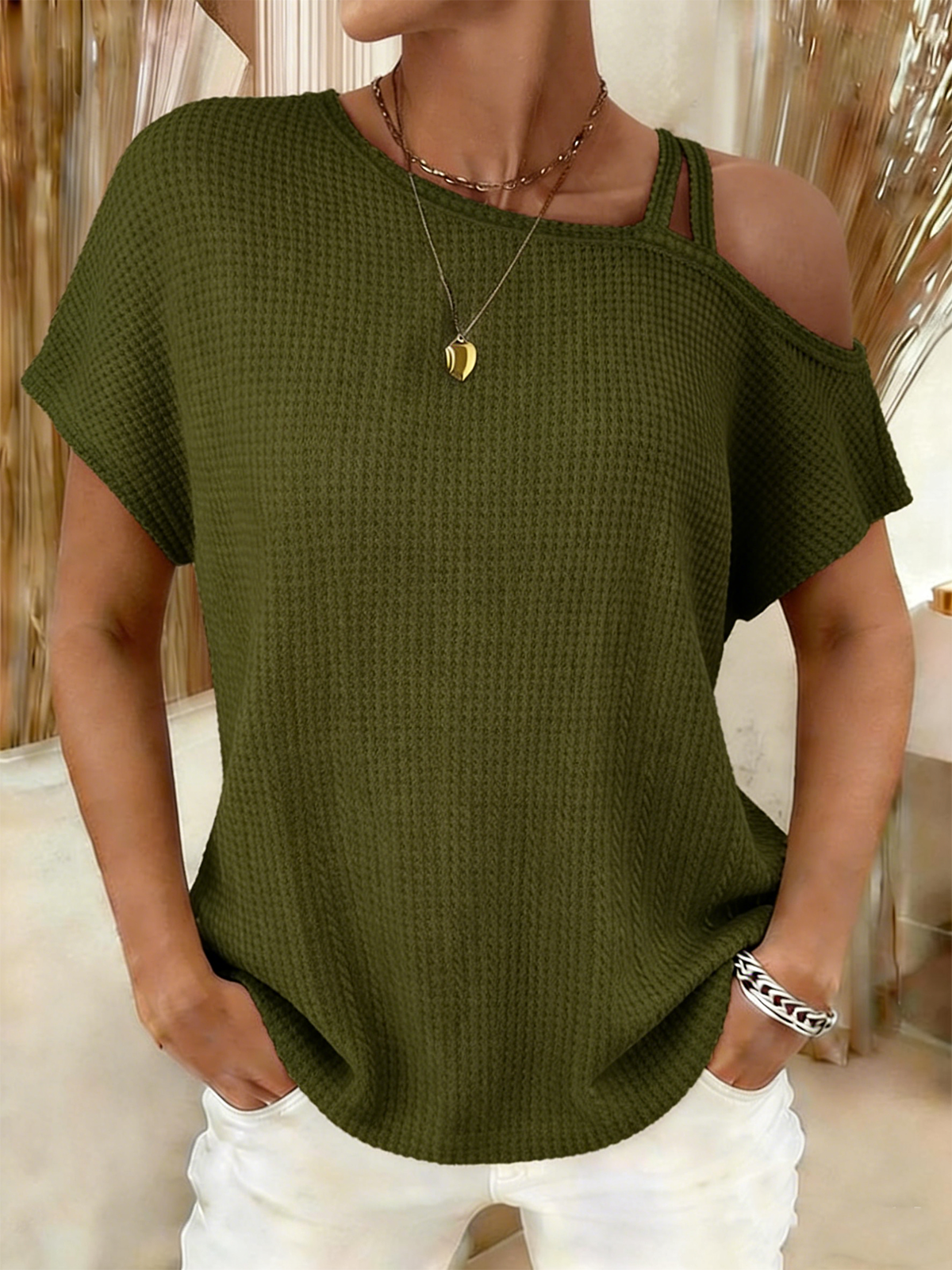 One Shoulder Waffle Knit Short Sleeve Top 6