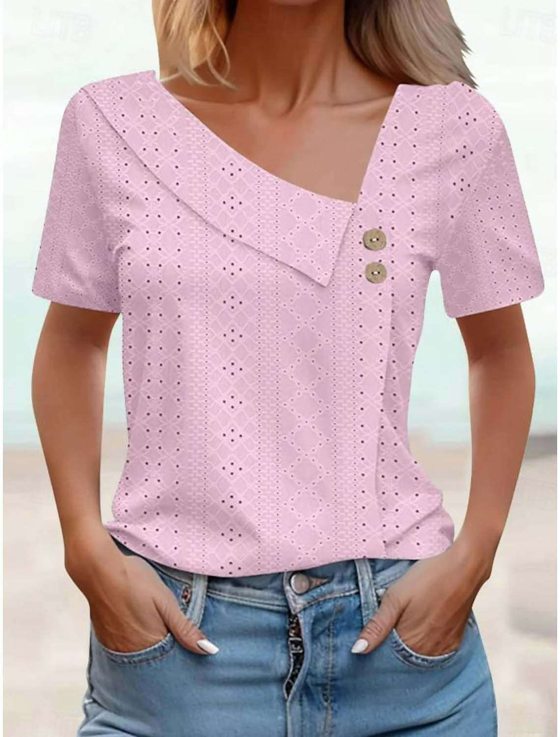 Eyelet Asymmetric V-Neck Button Short Sleeve Top 4