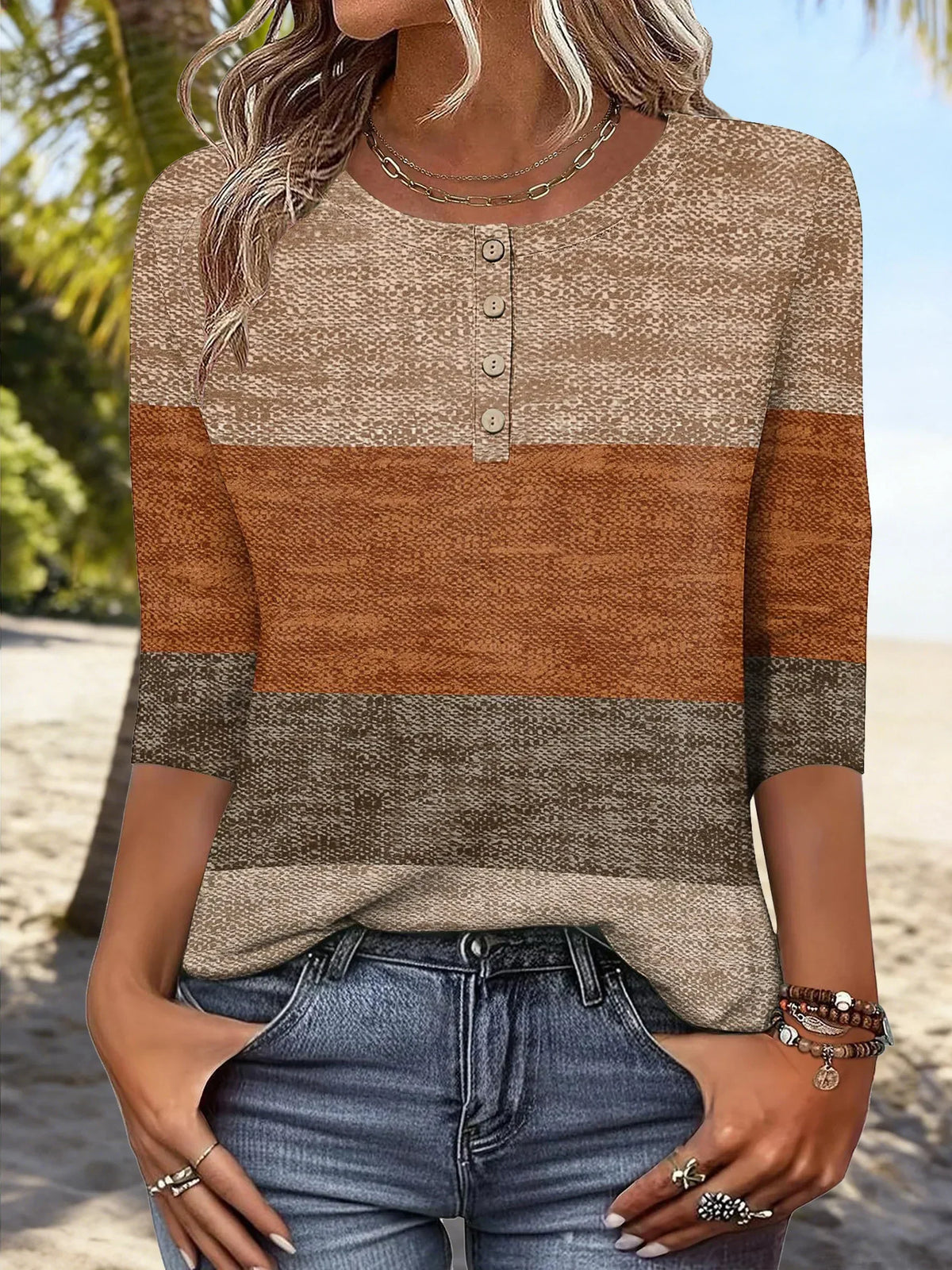 Colorblock Crew Neck Button Placket 3/4 Sleeve Top 2