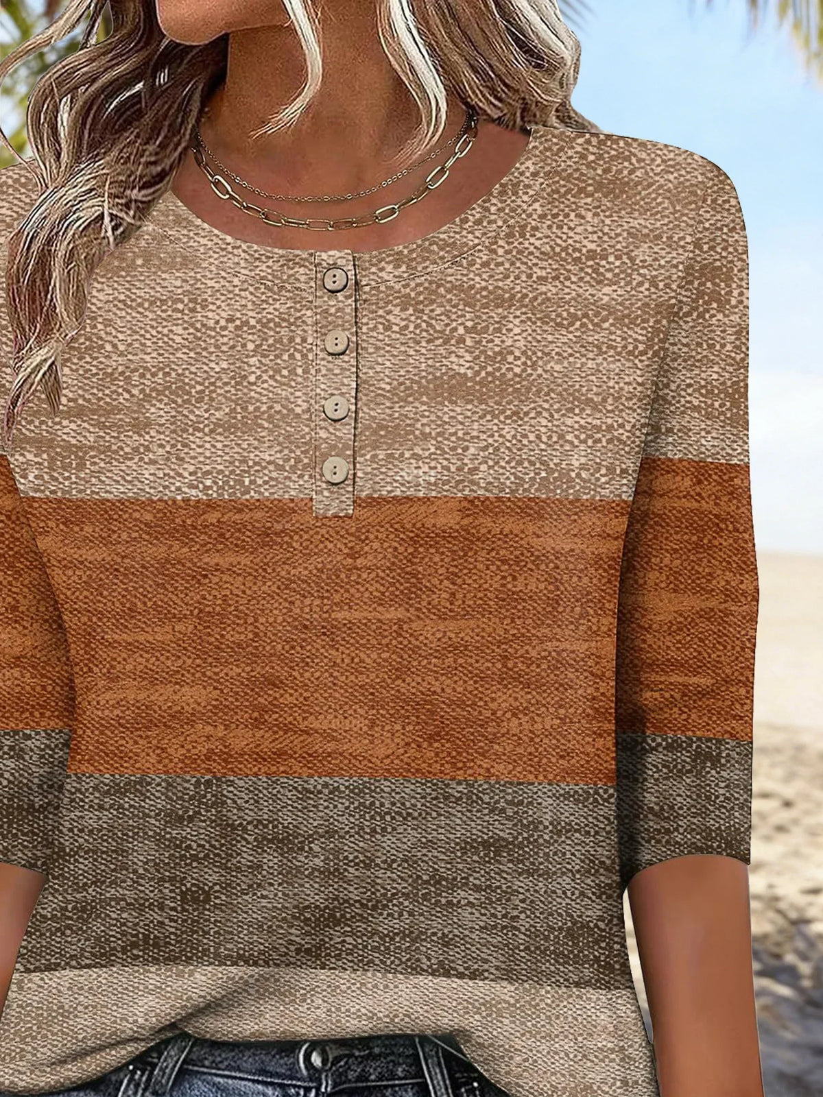 Colorblock Crew Neck Button Placket 3/4 Sleeve Top 3