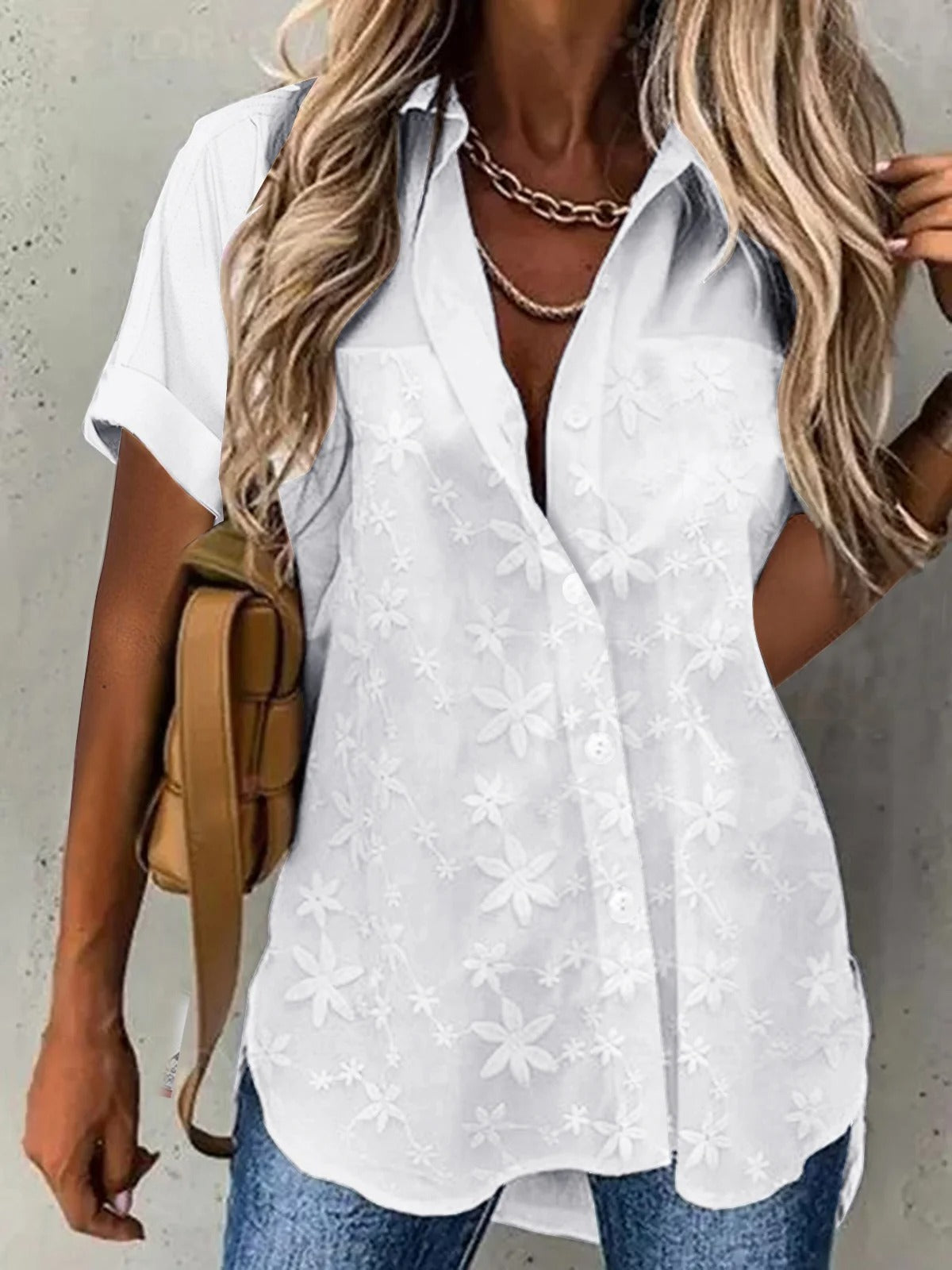Floral Eyelet Collared Short Sleeve Button Up Blouse