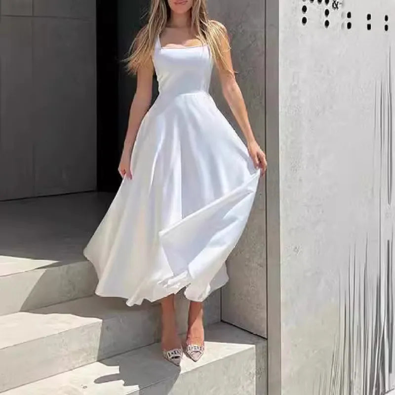 Satin Square Neck Rhinestone Trim Wide Strap Maxi Gown - View 5