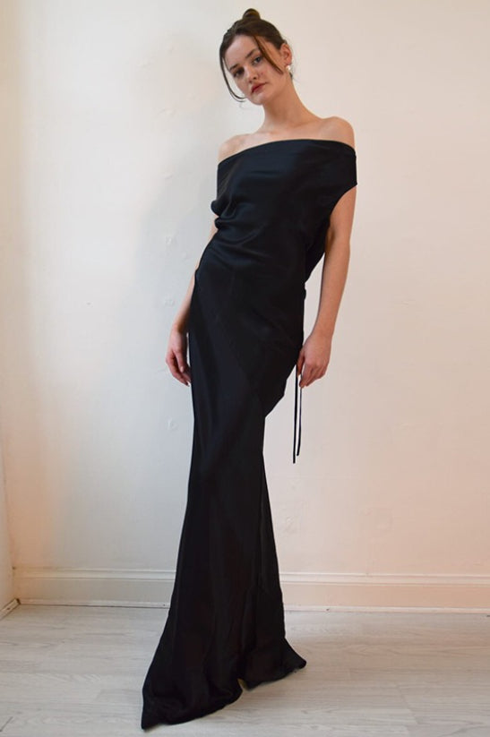 Satin Off Shoulder Cowl Draped Slim Fit Maxi Dress - View 5