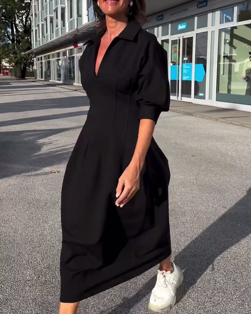 Collared V-Neck Short Sleeve Pocket Cocoon Midi Dress 8