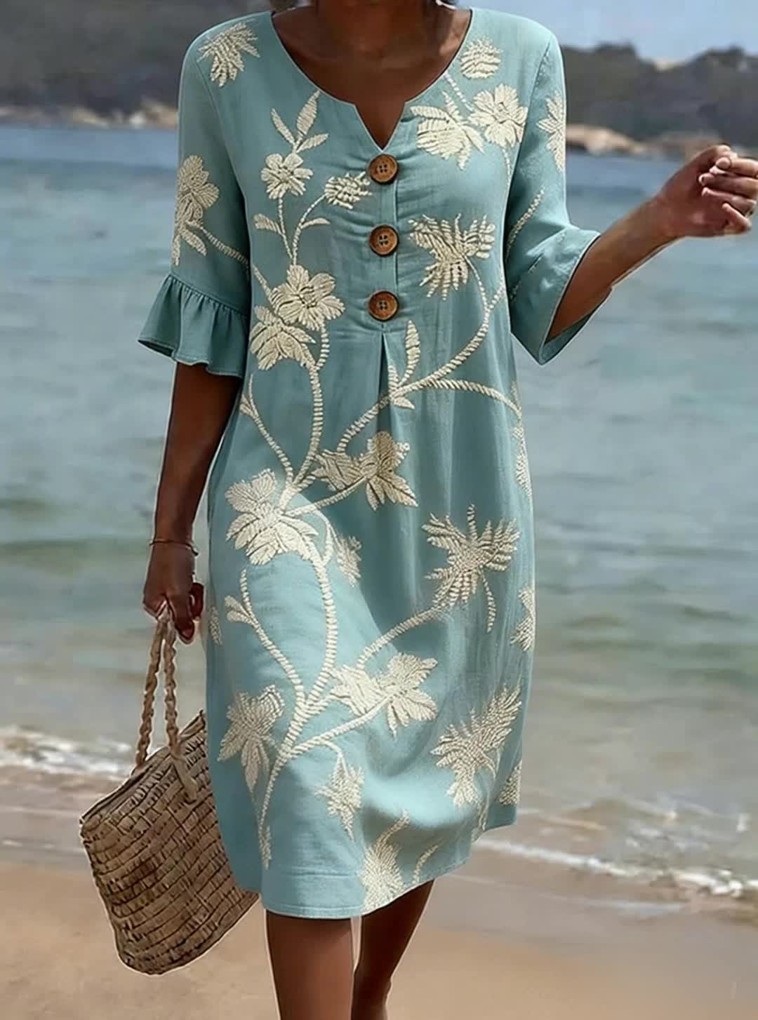 Floral Embroidered Notch Neck Ruffle Sleeve Button Front Midi Dress