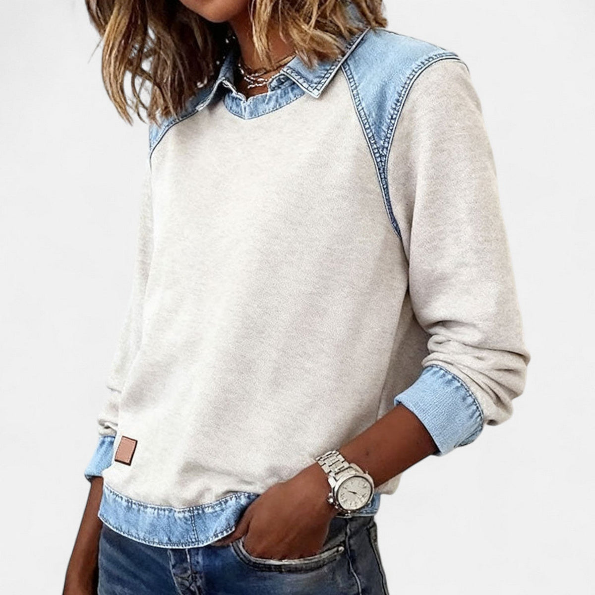 Denim Contrast Crew Neck Long Sleeve Sweatshirt 2