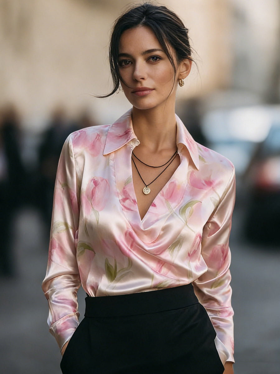 Floral Print Satin Collared Long Sleeve Blouse 2