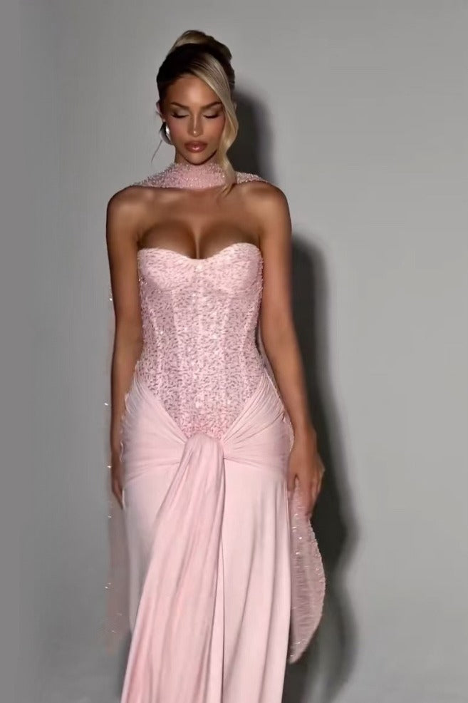 Sequin Strapless Corset Ruched High Split Mermaid Maxi Dress